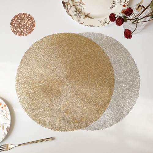 Stilvolle PVC-isolierte Tischsets für Esstische, einzigartiges Heißpräge-Design, 6 Stück, für Restaurants und Zuhause (Gold) von Fauhapyway