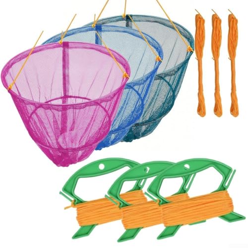 Tragbares Krabbennetz mit integrierter schwerer Eisenködertasche und 11 m verrottungssicherer Seilschnurgriff, ideal für Pier und Strand-Krabbenaktivitäten (grün + blau + pink) von Fauhapyway