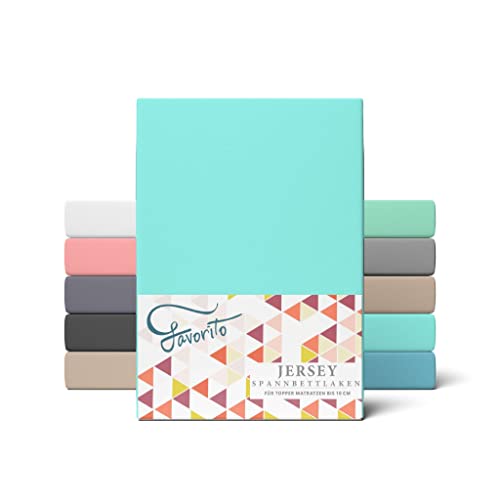 Favorito Jersey Topper Spannbettlaken - 100% Baumwolle Spannbetttuch - Spann Bettlaken für Topperauflagen 180 x 200 cm - 200 x 200 cm, Farbe Aqua Blau von Favorito