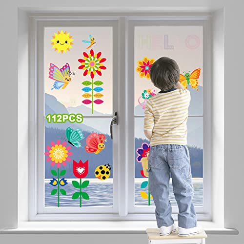 112 Stück Fensterbilder Selbstklebend, Fensterbilder Aufklebern Frühling Sommer Schmetterlinge Deko, 9 Blätter Fenster Klammert Blumen Fensteraufkleber für Kinderzimmer Party Zubehör Deko von Favson