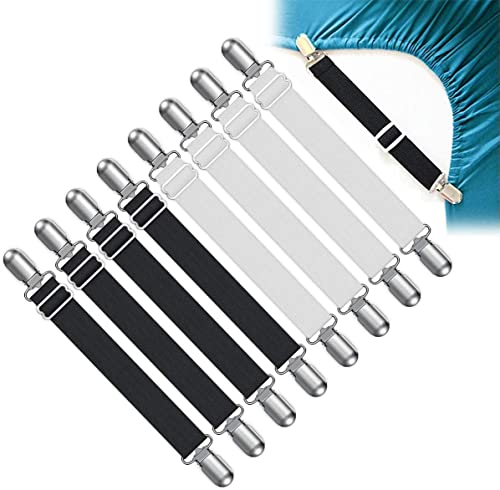 Adjustable Elastic Bed Sheet Straps, Pack of 8 Bed Sheet Clips, Bed Sheet Tensioners for Flat Sheet, Mattress, Ironing Board or Sofa(White + Black) von Favson