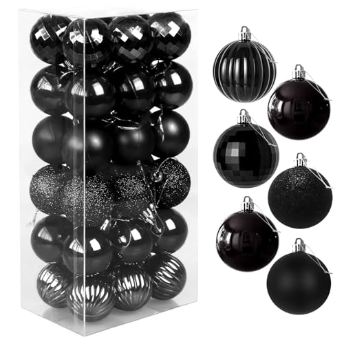 Favuit Christbaumkugeln, 4cm 36er Weihnachtskugeln Set Kunststoff Baumschmuck Christbaumschmuck Weihnachtsbaumschmuck Weihnachtsbaumkugeln Dekokugeln Kugeln Weihnachten(Schwarz) von Favuit
