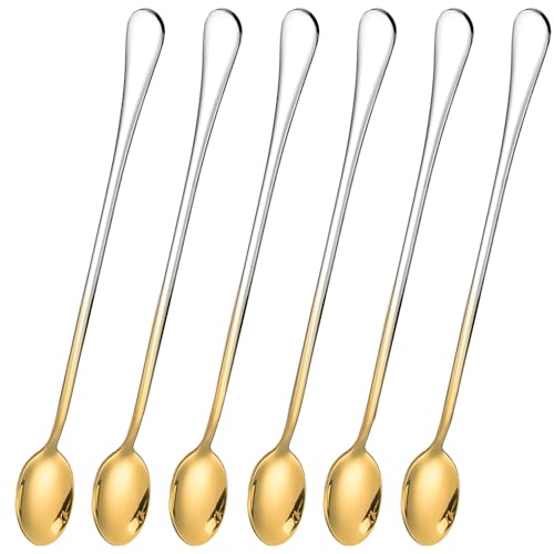 Favuit Latte Macchiato Löffel Set, 23 cm Lange Griff Eislöffel 6-teilig Edelstahl Kaffeerührer Cocktail Rührlöffel Longdrinklöffel Kaffeelöffel Set für Eistee Dessert Cocktail Eisbecher(Gold) von Favuit