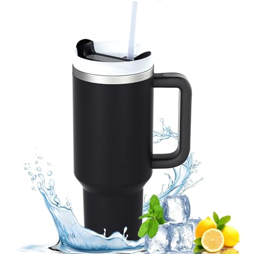 Favuit Thermobecher, 40oz Kaffeebecher to Go, Doppelwandiger Edelstahl Vakuum Isolierbecher, Tragbare Autobecher Travel Mug mit Deckel und Stroh für Kalte Heiße Getränke (Schwarz) von Favuit