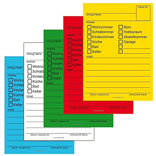 100x Umzugetiketten, 5 Farben, Aufkleber Beschriftung mit Etiketten vom Umzugskarton für den Überblick beim Umzug von Faxland