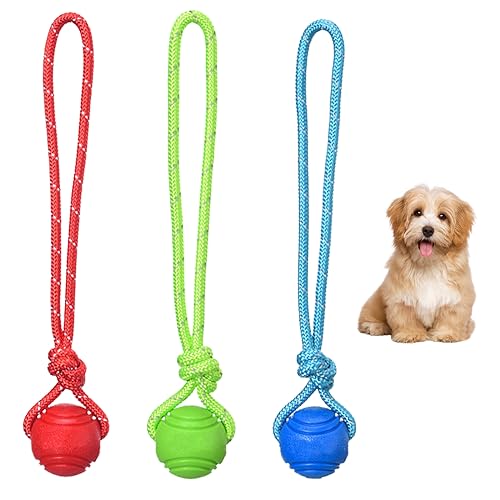 Fayemint 3 Stück Wurfball Hund, Ball für Hunde mit Seil, Wurfball für Hunde, für Apportieren, Fangen, Werfen, Tauziehen,Naturgummiball Seil, Ball für Hunde von Fayemint
