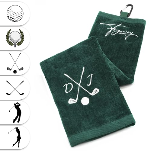 Fayrway Golf Handtuch mit Initialen Bestickt, Dunkelgrün - Personalisiertes Golfhandtuch aus Baumwolle mit Karabiner zum Aufhängen von Fayrway