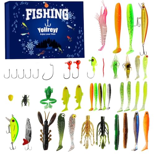 Fbinys Angeln Advents Countdown Kalender | Weihnachts Angelköder 24 Tage Countdown Kalender | Angelköder für Salzwasser und Süßwasser | Männer Teenager Großvater Ehemann Freund Vater Angler von Fbinys