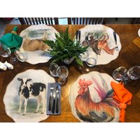 Große Runde Dekorative Tischset Mit Animaisdrucken Gestickten Rändern, Waschbar, Undurchlässig, Country Side Look, Rustikaler Bauernhof von FcHandmadeGifts