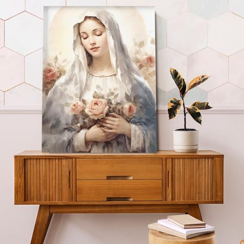 Christliche Heilige Familie, Wandkunst, gesegnete Mutter, Jungfrau Maria mit Blumen, Gemälde, Maria Mutter Jesu, Wandkunst, Rosen, gesegnete Mutter, Gemälde, Retro-Wanddekor-Poster von Fchen art