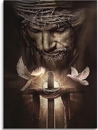 Kunstdruck auf Leinwand, Motiv "Jesus und das Kreuz und die Friedenstaube", Wanddekoration, Poster, fertig zum Aufhängen, 70 x 100 cm von Fchen art