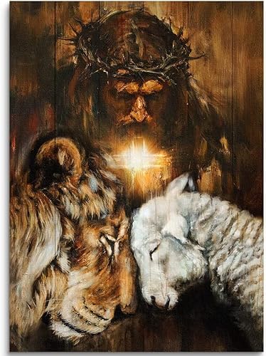 Christlicher Jesus-Löwe-Leinwand-Wandkunst, König der Löwen, Jesus und Lamm, Wanddekoration, Poster für Zimmer, fertig zum Aufhängen, 30 x 40 cm von Fchen art