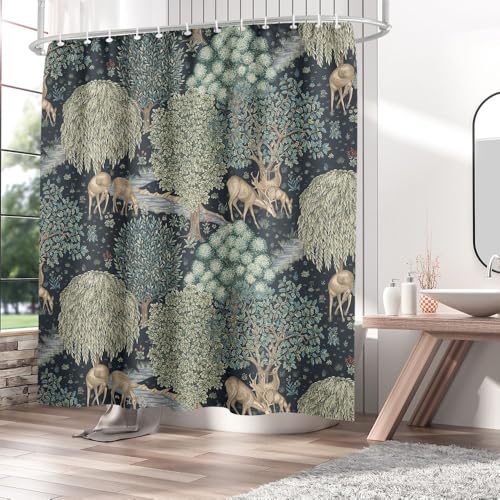 Fchen art Boho William Morris Duschvorhang,Rustikale Duschvorhänge für Badezimmer,Aquarell Blumen Blätter Baum Hirsche Duschvorhang mit 12Haken 180x180cm von Fchen art