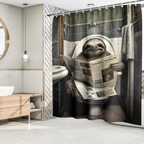 Fchen art Duschvorhang mit Faultiermotiv auf der Toilette, Lesen von Zeitungen, rustikaler Bauernhaus-Duschvorhang, Faultier-Stoff, wasserdicht, schnell trocknend, Polyestergewebe, von Fchen art