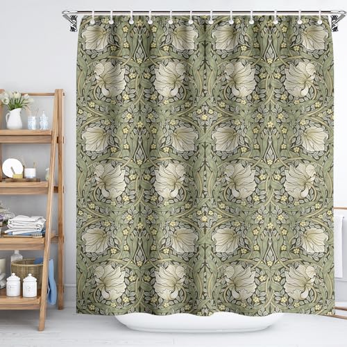 Fchen art Duschvorhang mit botanischen Salbeigrünen, gelben Blumen, William Morris-Blumenmuster, Polyester, für Badezimmer, mit 12 Haken, 180 x 180 cm von Fchen art