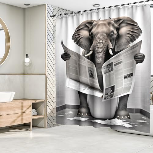 Fchen art Duschvorhang mit niedlichem Tiermotiv, Elefant, wildes Tier, das auf der Toilette sitzt, Zeitungen, Badezimmer-Vorhang-Set, schnell trocknender Stoff, Duschvorhang mit 12 Haken, 180 x 180 cm Fchen art Duschvorhang mit niedlichem Tiermotiv, Elefant, wildes Tier, das auf der Toilette sitzt, Zeitungen, Badezimmer-Vorhang-Set, schnell trocknender Stoff, Duschvorhang mit 12 Haken, 180 x 180 cm von Fchen art