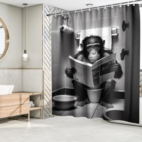 Fchen art Gorilla sitzt auf der Toilette und liest eine Zeitung Duschvorhänge, lustiges Badezimmer-Accessoire, rustikaler Bauernhaus-Duschvorhang, ländliches Bauernhaus, Polyester-Stoffvorhang, 180 x von Fchen art