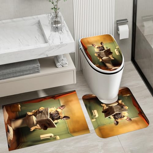 Fchen art Humorvolle Szene mit Bulldogge sitzt auf einer Toilette und Lesepapier, Badezimmer-Sets mit Stoff, rutschfeste Teppiche, WC-Deckelbezug und Badematte für Badezimmer von Fchen art