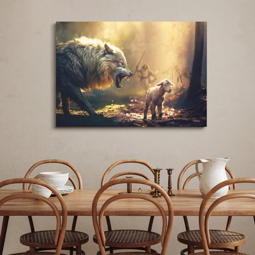 Fchen art Jesus Saving The Lost Lamb Leinwand Wandkunst Bild Christliches Wandposter Religiöser Glaube Poster Christian Jesus Leinwand Wandkunst Wolf und Lamm Bilder Jesus Kunst für Kirche von Fchen art