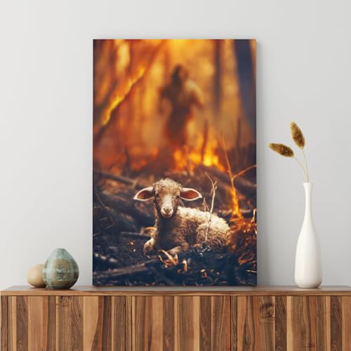 Fchen art Jesus rettet das Lamm vor Feuer Flammen Bild Jesus läuft nach dem verlorenen Lamm Wandkunst Dekor christliche Wohnkultur Weihnachtsbild Wandkunst gerahmtes Bild von Jesus Heimdekoration von Fchen art