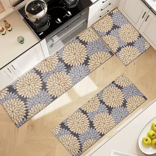 Fchen art Küchenmatten mit Blumenmuster, waschbar, 3er-Set, waschbar, Küchenteppiche, Läufer für Flur, Waschküche, Schlafzimmer, Eingangsbereich, Badezimmer, Größe 50,8 x 81,3 cm + 50,8 x 119,4 cm + von Fchen art