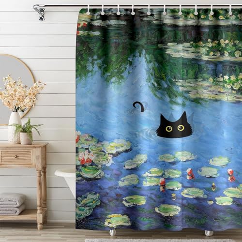 Fchen art Monet Duschvorhang mit Wasserlilien-Katzen-Druck, schwarze Katzenkunst, Duschvorhang-Sets für Badezimmer mit 12 Haken, ästhetischer, rustikaler dekorativer Vorhang für Frauen und Kinder, von Fchen art