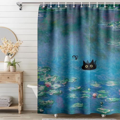 Fchen art Monet Duschvorhang mit Wasserlilien-Katzen-Druck, schwarze Katzenkunst, Duschvorhang-Sets für Badezimmer mit 12 Haken, ästhetischer, rustikaler dekorativer Vorhang für Frauen und Kinder, von Fchen art