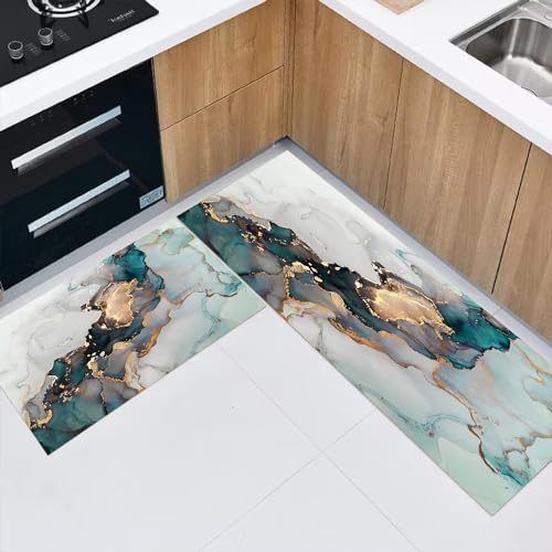 Fchen art Set mit 2 großen Marmor-Teppichen, leicht zu reinigen, fusselfreier Teppich, Marmor-Küchenteppich, Küchenmatte, Retro-Aquarell-abstrakter Teppich, goldfarbene Kunstmatte, leicht zu reinigen, von Fchen art