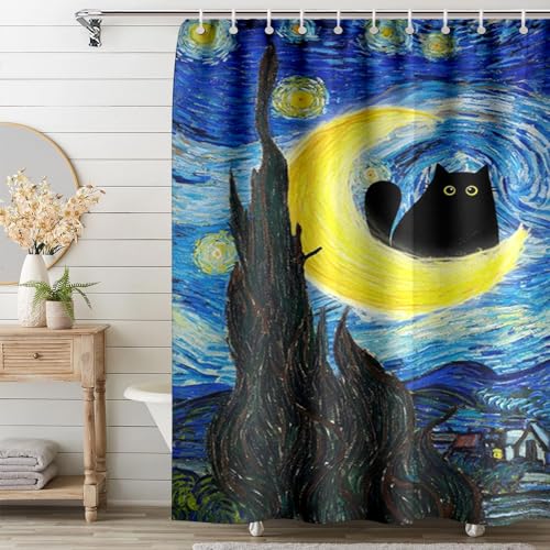 Fchen art Van Gogh's The Starry Night Cat Duschvorhang, schwarze Katzenkunst, Duschvorhang-Sets für Badezimmer, ästhetischer, rustikaler dekorativer Vorhang für Frauen und Kinder, wasserdichter von Fchen art
