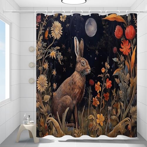 Fchen art William Morris Bunny Art Oster-Duschvorhang-Set mit 12 Haken, Hase, Ostern, Duschvorhang für Badezimmer, WC-Dekoration, 180 x 180 cm von Fchen art