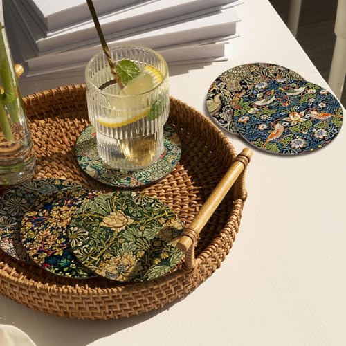 Fchen art William Morris Set mit 6 floralen Untersetzern, saugfähige Keramikuntersetzer mit rutschfester und kratzfester Korkbasis, runde Steinmatte, Keramikuntersetzer, elegante Steinuntersetzer für von Fchen art