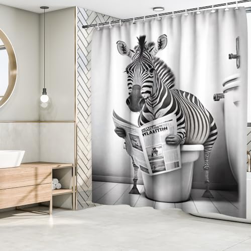 Fchen art Zebra Duschvorhang, Zebra sitzt auf der Toilette, Lesung Zeitung, rustikaler Bauernhaus-Duschvorhang, rustikaler Bauernhaus-Duschvorhang, ländliches Bauernhaus, Polyester-Stoffvorhang, 180 x von Fchen art