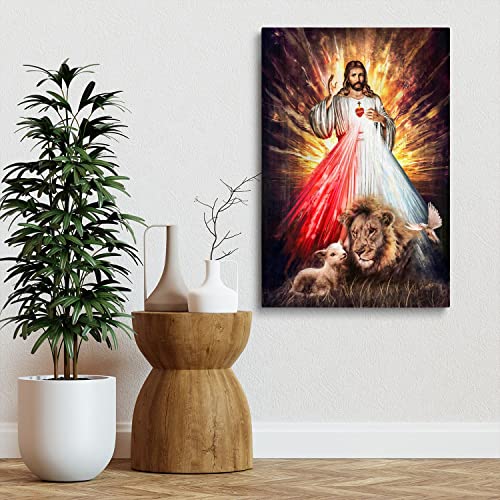 Heiliges Herz Jesus Bild Poster Christlicher Löwe von Judah Lamm und Taube Leinwanddrucke Gemälde die 7 Versprechen Gottes Motivationsbilder Gerahmtes Kunstwerk für Kirchen 50x70cm von Fchen art