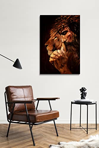 Jesus und Löwe Leinwand Wandkunst Christliche Geschenke für Männer Jesus Bilder für Wand Löwe und Gott Wanddekoration Löwe von Judah Poster Religiöse Malerei Modern Gerahmtes Kunstwerk 80 x 120 cm von Fchen art