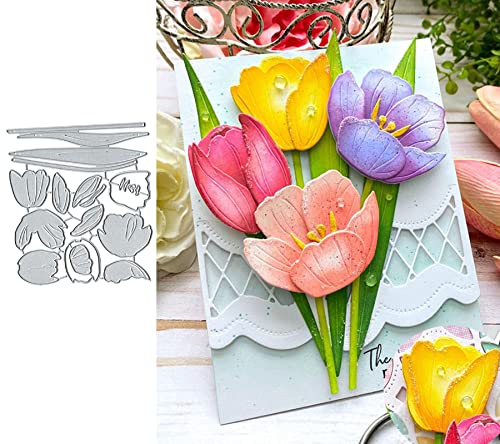 Metall-Stanzschablonen-Set mit Tulpenblumen, Frühlingsblumen, Blättern, Stanzschablonen für Bastelarbeiten, Scrapbooking, Alben, dekorative Prägepapier-Stanzformen, Kartenherstellung von Fclily@JJ