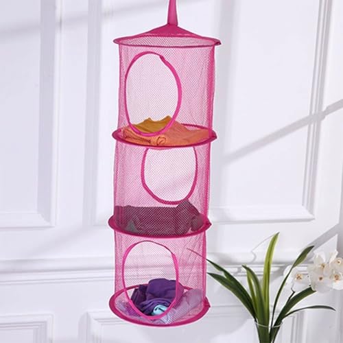 Fcmeavo Faltbare 3 Fächern Hängender Speicherkorb Atmungsaktive Aufbewahrung Hängeaufbewahrung für das Kinderzimmer Mesh Organizer aus Nylon & Metalldraht Hängende Netz für Kuscheltier Kleine Kleidung von Fcmeavo