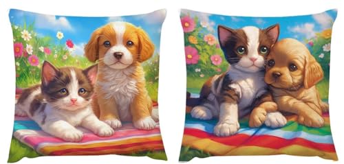 Kissenbezug 65x65 Hund 2er Set Leinen Kissenbezüge Deko Wohnzimmer Kissenhüllen Tiere Herbst Dekokissenbezug, Geschenke für Frauen Schlafzimmer Stuhl, Bett, Garten Wohnzimmer Couch Zierkissen zj-435 von Fcunjuun