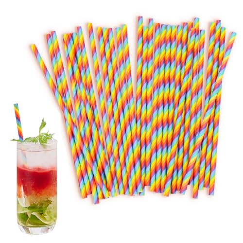 100 Stück Papierstrohhalme, 19.6cm Regenbogen Gestreifte Strohhalme Papier Biologisch Abbaubare Trinkhalme Umweltfreundlich Cocktail Strohhalme für Restaurants Bars Party Kaffee Saft von FdcLixuvol