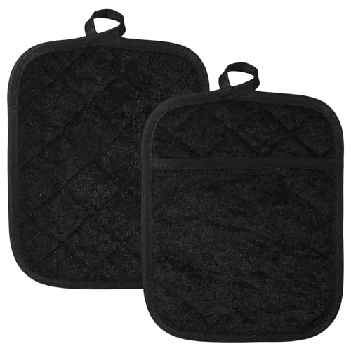 2 Stück Topflappen Baumwolle mit Tasche, Topfhandschuhe Hitzebeständig Anti-Rutsch Ofenhandschuhe Kochhandschuhe Schwarz Küchenhandschuhe Backofenhandschuhe für Kochen Backen Küchenzubehör, 23 x 18 cm von FdcLixuvol