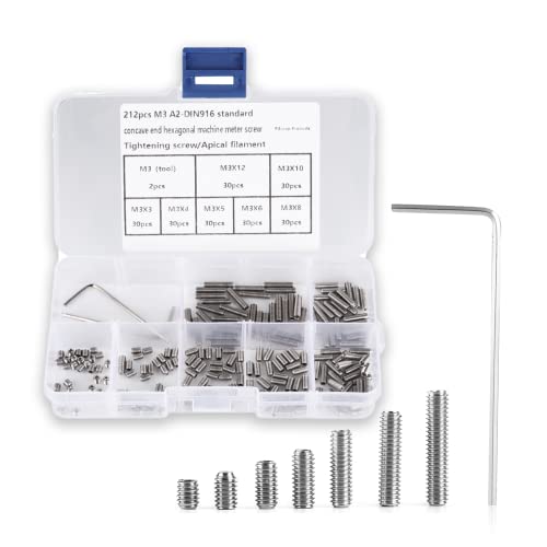 212-teilige Innensechskantschraube, 304 Edelstahl M3 x 3 mm M3 x 4 mm M3 x 5 mm M3 x 6 mm M3 x 8 mm M3 x 10 mm M3 x 12 mm Innensechskant-Madenschraube von Fdit