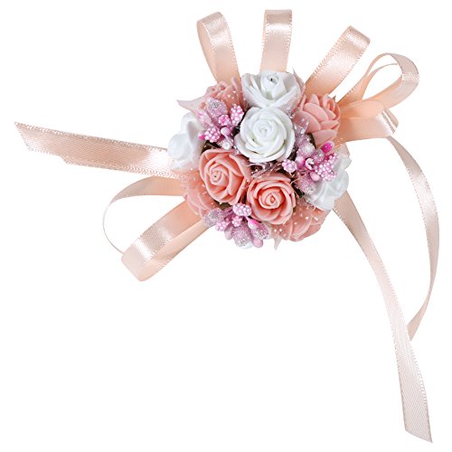 2er Hochzeit Braut Brautjungfer Blumenstrauß Gierland Handgelenk Frauen Mädchen Corsage Party Prom Dance Hand Handgelenk Blume Strauß Dekoration(# 5 Champagne + Blanc) von Fdit