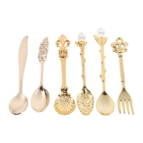 6er / Set Besteck Vintage Löffel Dessert Kaffee Rührlöffel Teelöffel Eis Löffel Obst Gabel Royal Style Metall Mini geschnitzt Geschirr Obst Löffel für Küche Esszimmer Bar süße Snacks(Golden) von Fdit