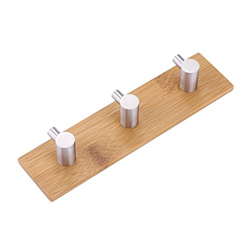 Fdit Holz + Edelstahl Hänger,Adhesive Hooks Natürliche Bambus Edelstahl Wand Kleiderbügel Haken Tasche Key Handtuchhalter Küche Badezimmer(#3) von Duokon