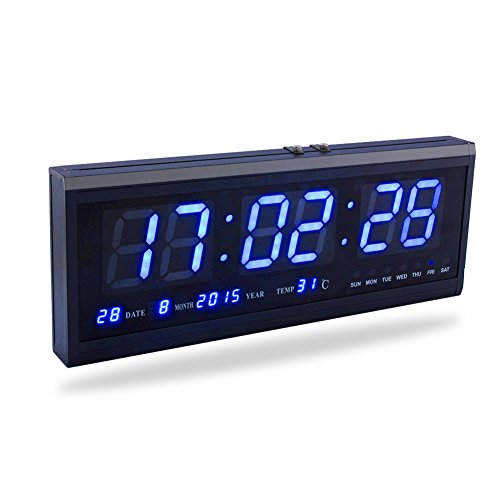 Fdit Wanduhr,groß Digital LED Uhr mit Zeit Kalender Datum und Temperatur Anzeige Uhr Schreibtisch für Haus Büro Restaurant Flughafen Bank (rot/blau/grün) blau von Fdit