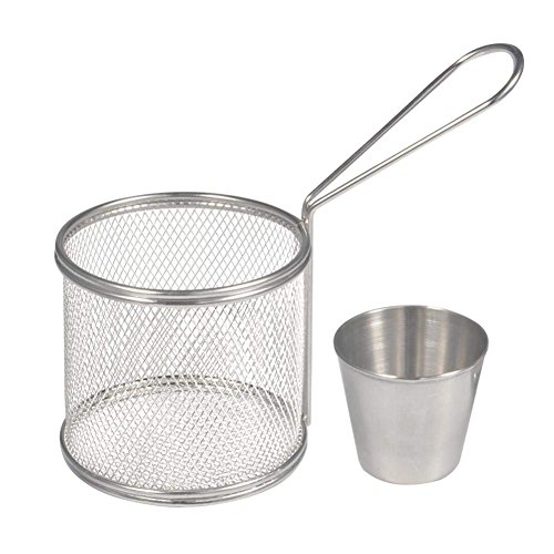 Fry Baskets Mini Runde Edelstahl Pommes Frites Friteuse Korb Halter Kochwerkzeug mit Sauce Tasse für Tisch servieren Essen Präsentation Küche verwenden(4PCS) von Fdit