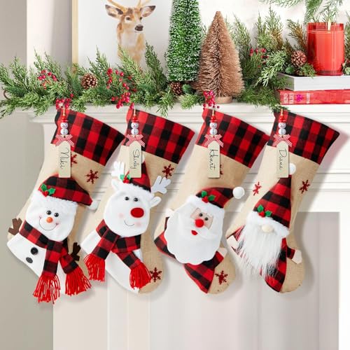 Fdouyo Nikolausstrumpf, 4 Stück Nikolausstiefel mit 4 Stück Namensschilder zum Befüllen & Aufhängen, Nikolaussocke Weihnachtsdekoration für Kamin, Weihnachtsbaum, Wand, Treppe von Fdouyo