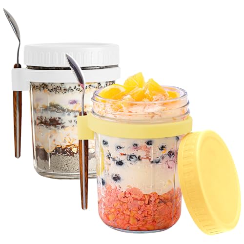 FePen Müslibecher to Go mit Löffel, 2 Stück Glas Müslibecher, 350ML Joghurtbecher to Go, Müsli-to-go-Bechern, Übernacht-Haferflockenbehälter mit Deckeln, Overnight Oats Gläser von FePen