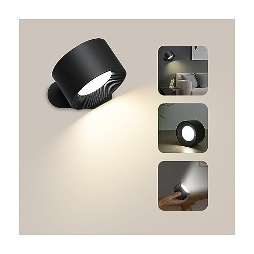 Feallive LED Wandleuchte Innen, Wandlampe mit Akku 1 Stück,Touch Control 3 Helligkeitsstufen, 360° drehbare, für Wohnzimmer Schlafzimmer TreppenhausFlur kabellose wandleuchten (Schwarz) von Feallive