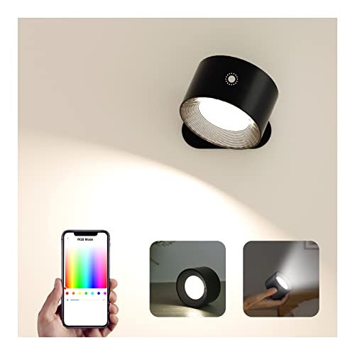 Feallive LED Wandleuchte Innen, Wandlampe mit Akku 1 Stück,Touch Control 3 Helligkeitsstufen, 360° drehbare, für Wohnzimmer Schlafzimmer TreppenhausFlur kabellose wandleuchten (Schwarz+Buntes Licht) von Feallive