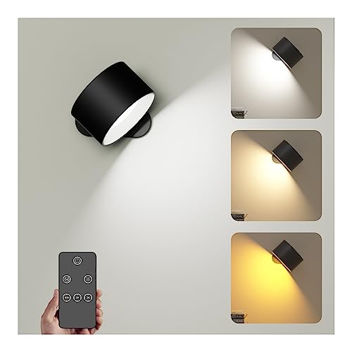 Wandleuchte Innen, Wandlampe mit Fernbedienung Dimmbar mit Akku mit USB-Ladeanschluss, Led Wandleuchte Touch Control 3 Helligkeitsstufen 3 Farbmodi 360° drehbare für Wohnzimmer Schlafzimmer Schwarz von Feallive